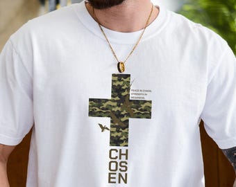 Maglietta cristiana mimetica da uomo con croce prescelta, maglietta con scritta "Fede", regalo religioso per il padre.