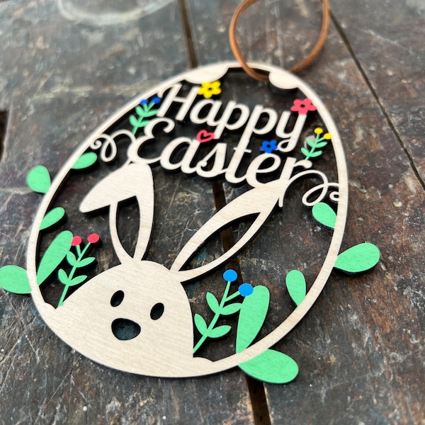 Osterei „Happy Easter“ zum hinhängen mit Schnur 12,5 cm / Ostern / Hase / Holz / Feiertag