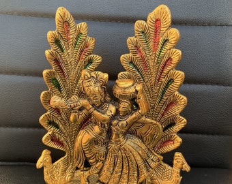 Metal Radha Krishna with With Diya Idol 18 x 14 cm for Home Temple  Decoration , Housewarming Gift, Festival Return gift