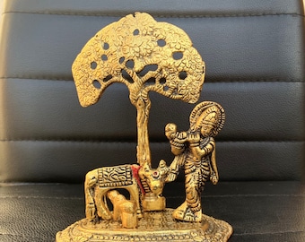 Metal Krishna Kamdhenu Cow Statue, Home Temple Decor, Housewarming Gift