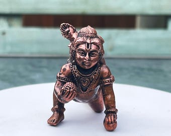 Handcrafted Copper Lord Laddu Gopal Krishna Statue - Miniature Hindu Deity