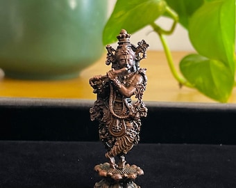 Handcrafted Copper Lord Krishna Statue: Miniature Hindu Deity Pooja Decor