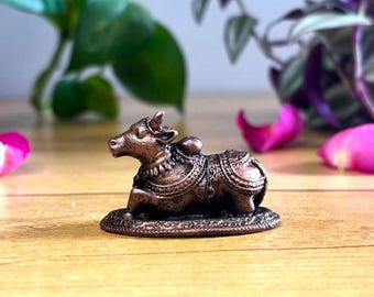 Handcrafted Copper Nandi Sculpture: Hindu Puja Decor