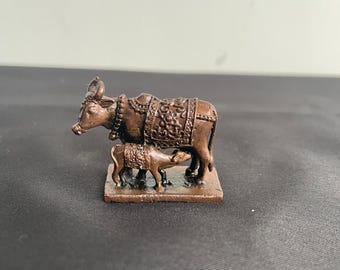 Handcrafted Copper Kamdhenu Cow & Calf Statue: Hindu Gift