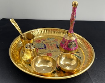 Handmade Brass Pooja Thali Set: Meenakari Diwali Puja Plate