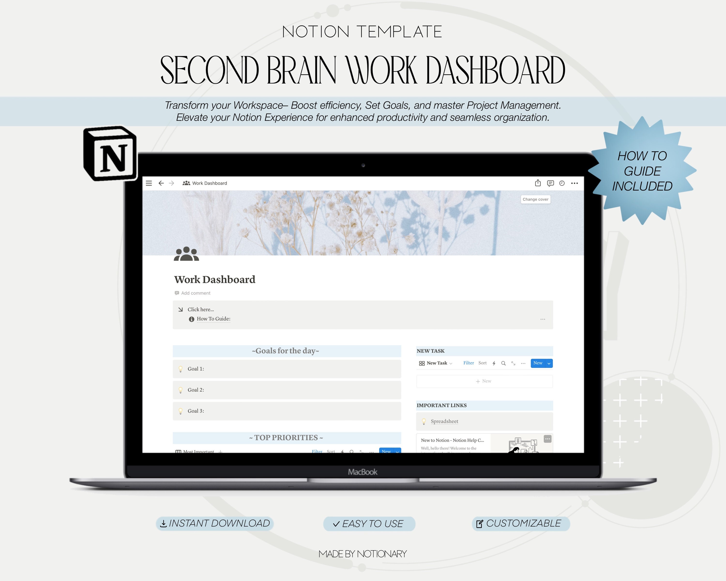 Second Brain notion template, Customizable Productivity Tool, Organize Tasks & Projects, work from home
