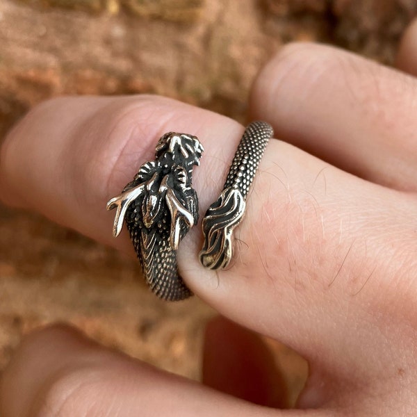 Dragon Adjustable Opening Ring - Spiked Adjustable Ring - Sterling Silver - Goth Streetwear Hip Hop Punk Medieval - Dragon Tail Ring