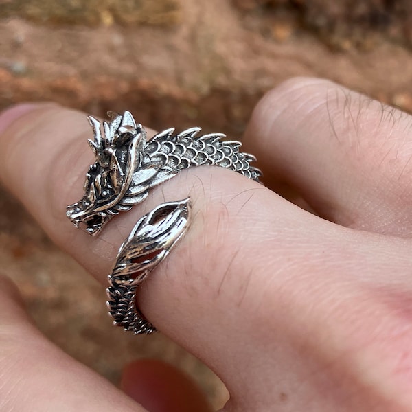 Dragon Adjustable Opening Ring - Spiked Scale Tail  Adjustable Ring - Sterling Silver - Goth Streetwear Hip Hop Punk Medieval Ring