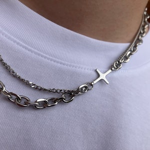 Star Cross Pendant Necklace Streetwear Chain Double Chain Necklace ...
