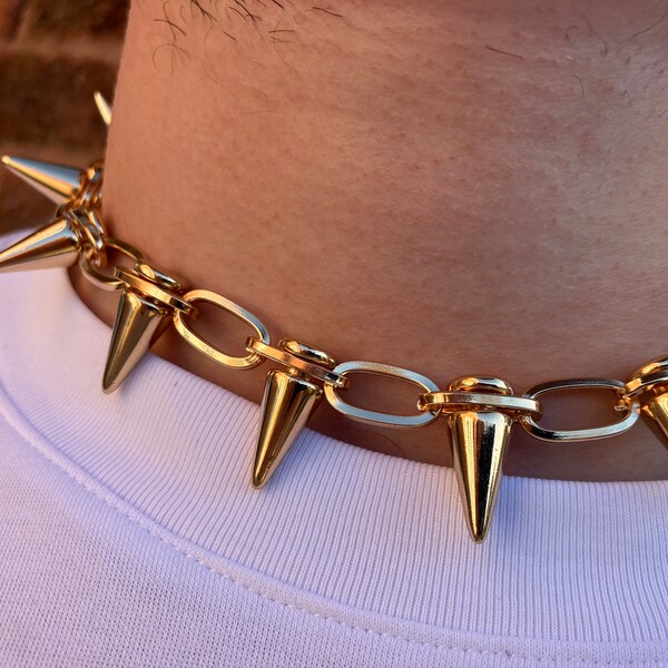 Gold Spike Choker - Thick Rivet Chain - Chunky Spiked Choker - Stainless Steel - Goth Streetwear - Hip Hop Punk - Y2K - Alt - Emo Collar