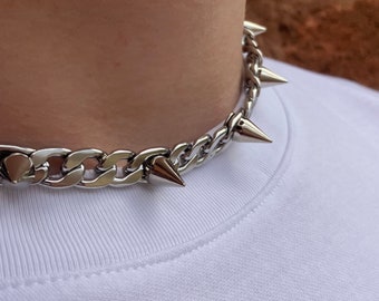 Ras de cou à pointes en argent - petite chaîne à rivets - collier ras de cou à pointes - acier inoxydable - streetwear gothique - punk hip hop - an 2000 - alt - collier emo