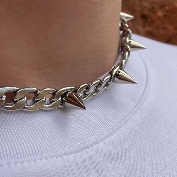 Ras de cou à pointes en argent - petite chaîne à rivets - collier ras de cou à pointes - acier inoxydable - streetwear gothique - punk hip hop - an 2000 - alt - collier emo