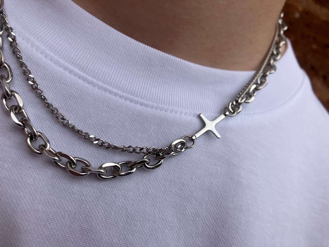 Star Cross Pendant Necklace Streetwear Chain Double Chain Necklace ...