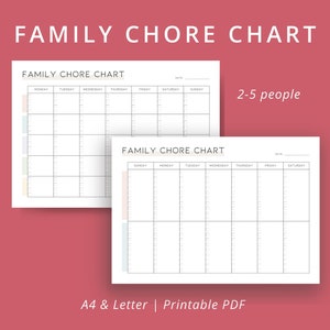 Gráfico de tarefas familiares, paisagem para impressão, tarefas domésticas semanais para crianças e adultos, gráfico de responsabilidades domésticas, planejador familiar, A4/Carta