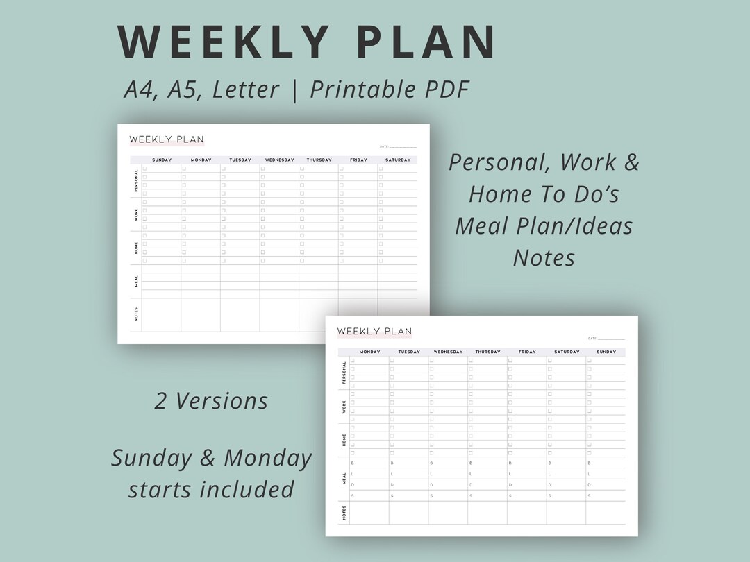 Undated Weekly Planner Printable, A4 A5 Letter (PDF) - Etsy