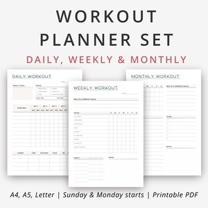 Fitness Planner Set, Workout Planner, Workout Tracker, Daily Exercise Planner, Weekly Fitness, Monthly Fitness, Health Tracker, A4/A5/Letter