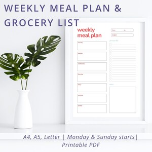 Weekly Meal Planner, Printable Minimalist Meal Planner, Simple Grocery List, Meal Planner with Grocery List, Instant Download, A4/A5/Letter