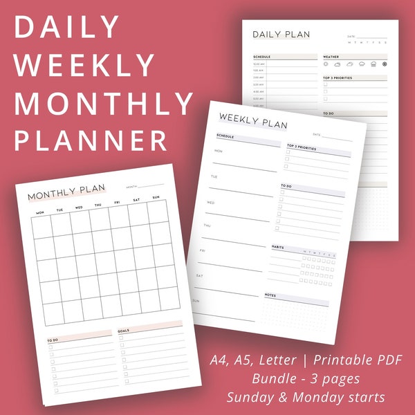 Daily Planner, Weekly Planner, Monthly Planner, Undated Printable Planner Bundle, To-Do List, Minimalist Planner Inserts, A4/A5/Letter