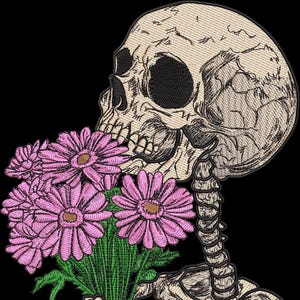 May include: Embroidered patch featuring a detailed skeleton holding a bouquet of pink flowers with green stems. The skull and skeleton are beige, set against a black background. The flowers have pink petals and brown centers.