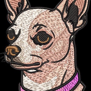 May include: Embroidered image of a Chihuahua dog's head, featuring a detailed stitch design. The dog has a white and tan face, large ears, and a pink collar. The background is black.