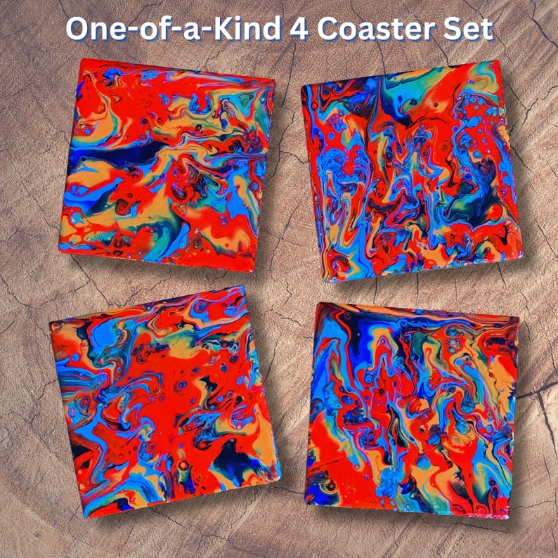 Hand Painted Coaster Set, 4 Coasters, Fluid Paint Pour, One of a Kind