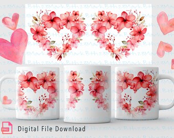 Heart Shaped Flowers watercolour, 11oz and 15oz Mug Sublimation Wrap, Digital Download Mug PNG, 3D Mug Wrap, Coffee Mug PNG