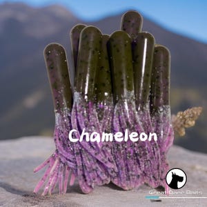May include: A bunch of purple and black fishing lures with the word "Chameleon" written in white on the front. The lures are made by Great Dane Baits.