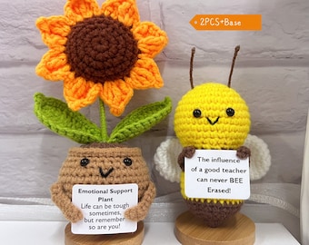 Cute Handmade Crochet Sunflower/Bee,Emotional Support Plant,Thank You For Helping Me Grow Quote,Mother's Day Gift,Teacher Appreciation Gift