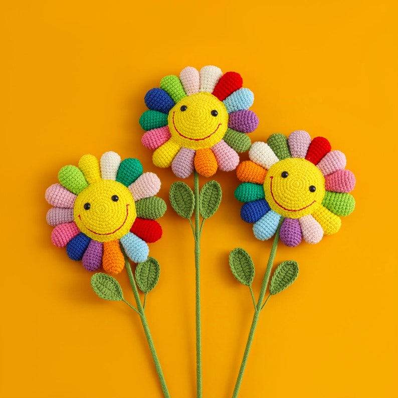 Handmade Crochet Rainbow Smiling Sunflowers Bouquetsvalentines Day