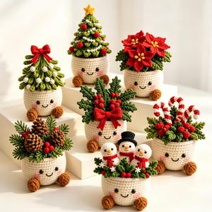 May include: A collection of seven crocheted holiday-themed planters, each featuring a cream-colored base with a smiling face, pink cheeks, and small brown feet. The planters contain various festive arrangements including Christmas trees, poinsettias, pinecones, holly, and snowmen.