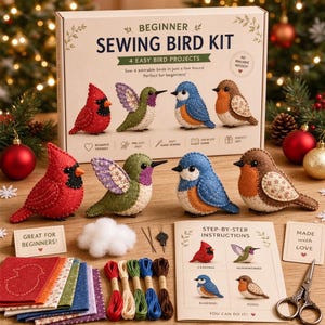 May include: A beginner sewing bird kit box with four felt bird figures: a red cardinal, a green hummingbird, a blue bird, and a brown bird. Includes felt pieces, embroidery floss, stuffing, a needle, scissors, and an instruction booklet.