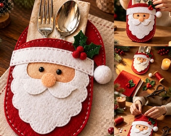 May include: A red felt Santa Claus cutlery holder featuring a white beard, mustache, and hat brim with a pom-pom. The pouch contains a silver fork and spoon. Decorative green holly leaves and red berries are attached to the side of the hat.