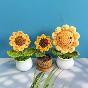 Può includere: Tre girasoli all'uncinetto in vasi di ceramica bianchi. I girasoli hanno petali gialli e centri marroni. Un girasole ha una faccia sorridente. Foglie verdi e materiale simile a muschio circondano i fiori. Lo sfondo è blu.
