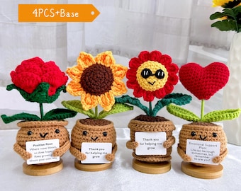 Linda flor de ganchillo hecha a mano, girasoles/rosas/margaritas/corazones de ganchillo en maceta, gracias por ayudarme a crecer, regalo para mamá/maestra