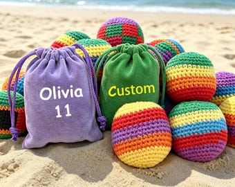 Personalized Crochet Hacky Sacks with Custom Name Bag,Rainbow Juggling Balls,Handmade Kick Balls,Summer Outdoor Play & Fidget Stress Toy