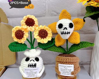 Crochet Ghost Sunflower Plant,Crochet Halloween Skull Plant,Cute Halloween Decor,Halloween Gift Idea,Emotional Support Plant,Gift for Her