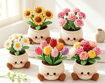 Handmade Amigurumi Crochet Flower Pot,Sunflower Rose Tulip Daisy Carnation,Desk Decor, Thank you Gift,Teacher Appreciation Gift,Gift for Her