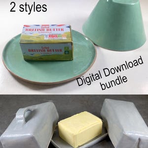 May include: Two styles of butter dishes are shown. One is a light green, cone-shaped dish with a handle on top. The other style is a rectangular dish with a lid and handle. The text "2 styles" and "Digital Download bundle" are visible.