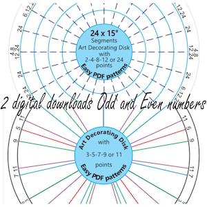 May include: Two digital downloads of printable art decorating disk patterns. The first disk has 24 segments and is for use with 2, 4, 8, 12, or 24 points. The second disk has 11 segments and is for use with 3, 5, 7, 9, or 11 points. Both disks are labeled "Easy PDF patterns".