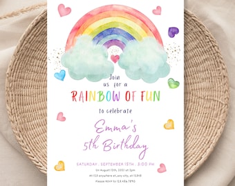 Invitation d’anniversaire arc-en-ciel modifiable Filles Rainbow Party Rainbow Birthday Invite Pink Gold Rainbow Clouds Hearts 1154