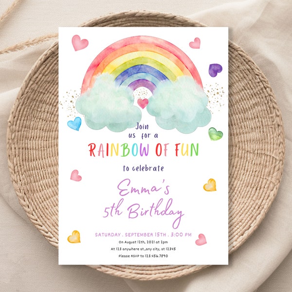Editable Rainbow Birthday Invitation Girls Rainbow Party Rainbow Birthday Invite Pink Gold Rainbow Clouds Hearts 1154