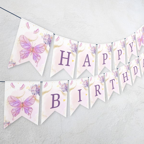 Happy Birthday Banner Butterfly floral Pin Birthday Banner Girl Princess Royal Birthday Decor Instant Download PRINTABLE DIGITAL DIY 536