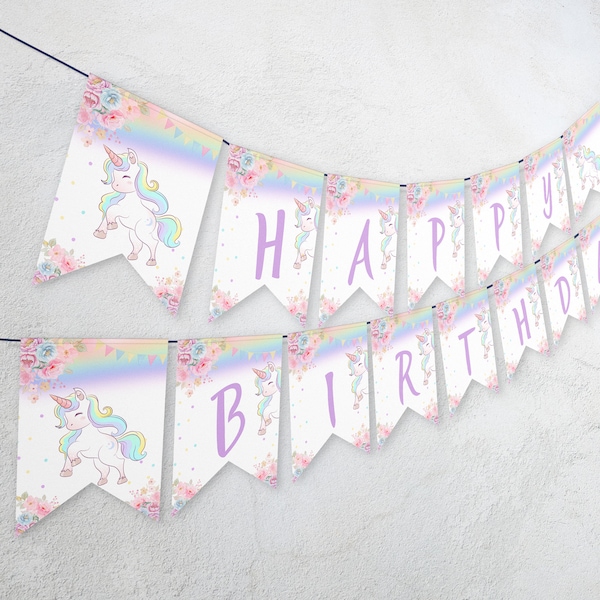 Editable Pastel Unicorn Girl Birthday Banner Pastel Unicorn Girl banner 1st Birthday Party Decoration template Printable 1122