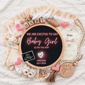 Neon Girl Pregnancy Announcement Digital Baby Announcement Girl Gender Reveal Social Media Reveal Editable Template Its a Girl Little Sister