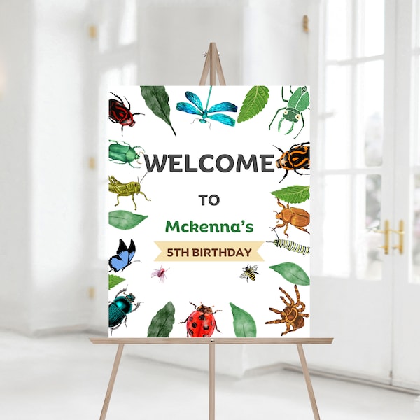 Insect Birthday Welcome Sign, Bugs Birthday Custom Welcome Sign, Insect Theme Welcome Sign, Bug  Editable Template 083