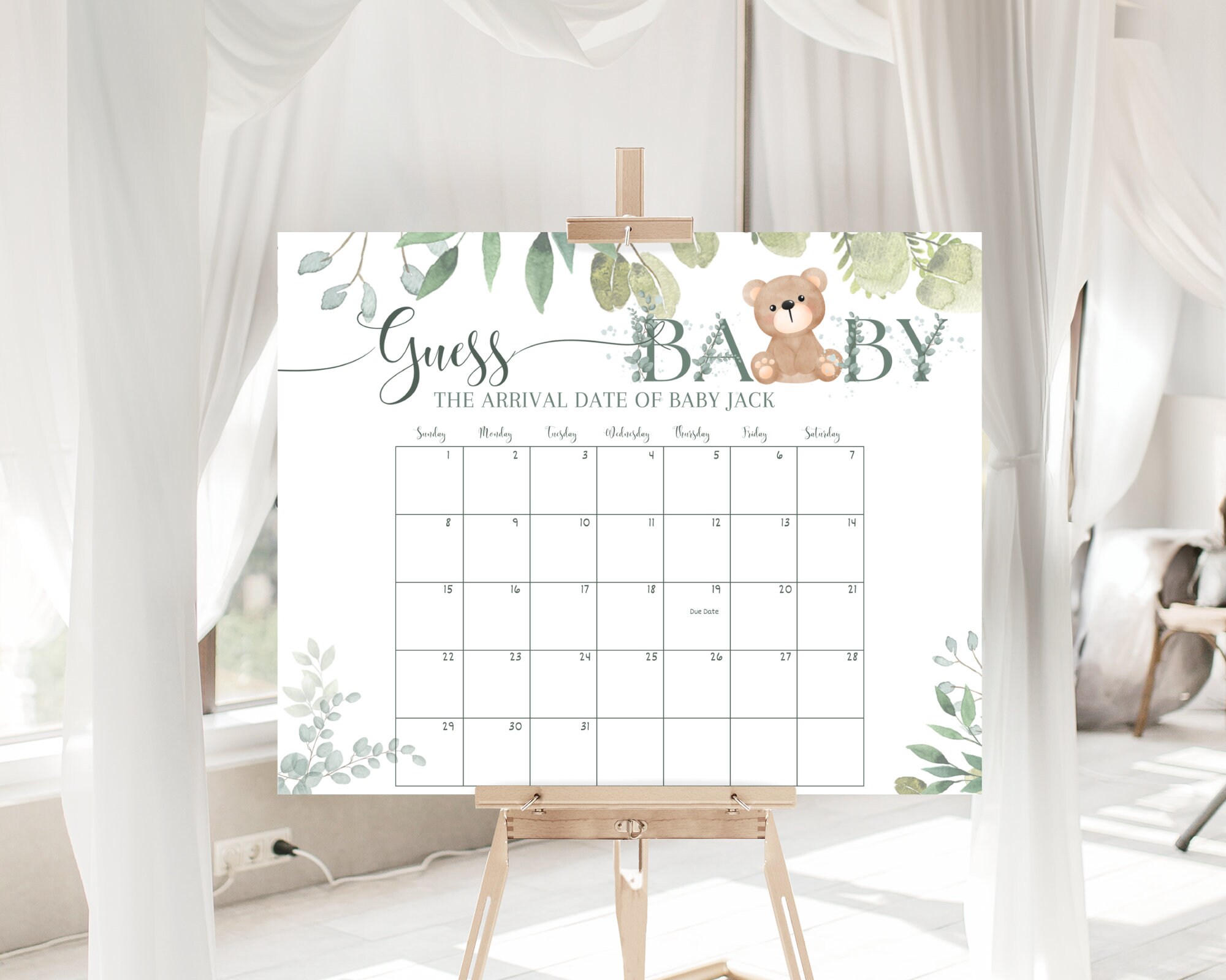 Greenery Gold We Can Bearly Wait Due Date Calendar, Guess Baby's Birth ...