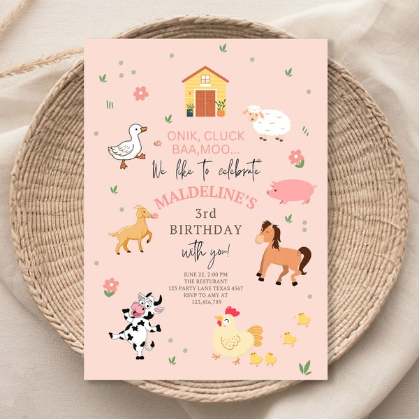 Editable Farm Birthday Invitation Girl Farm Animals Pink Barnyard Party Modern Pastel Download Printable Invite Template Digital 059