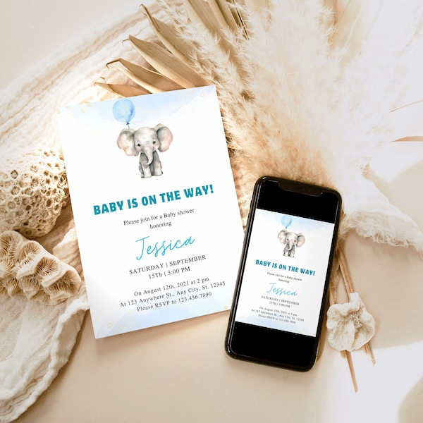 EDITABLE Elephant Baby Shower Invitation, Blue Elephant baby shower Electronic Invitation Phone Template 1202