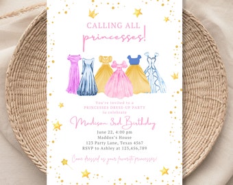 Editable Princess Birthday Invitation Princess Dress-Up Invite Royal Birthday Girl Pink Princess Dresses Template Corjl Printable 014