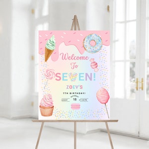 Editable Candy SWEET SASSY and SEVEN girl Birthday Party Simple Welcome Sign cotton candy sweets donut Party Decor Sign Template 1143